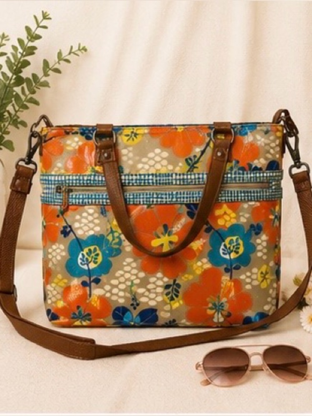 Fossil Floral Coated Canvas Convertible Tote Crossbody Orange Blue